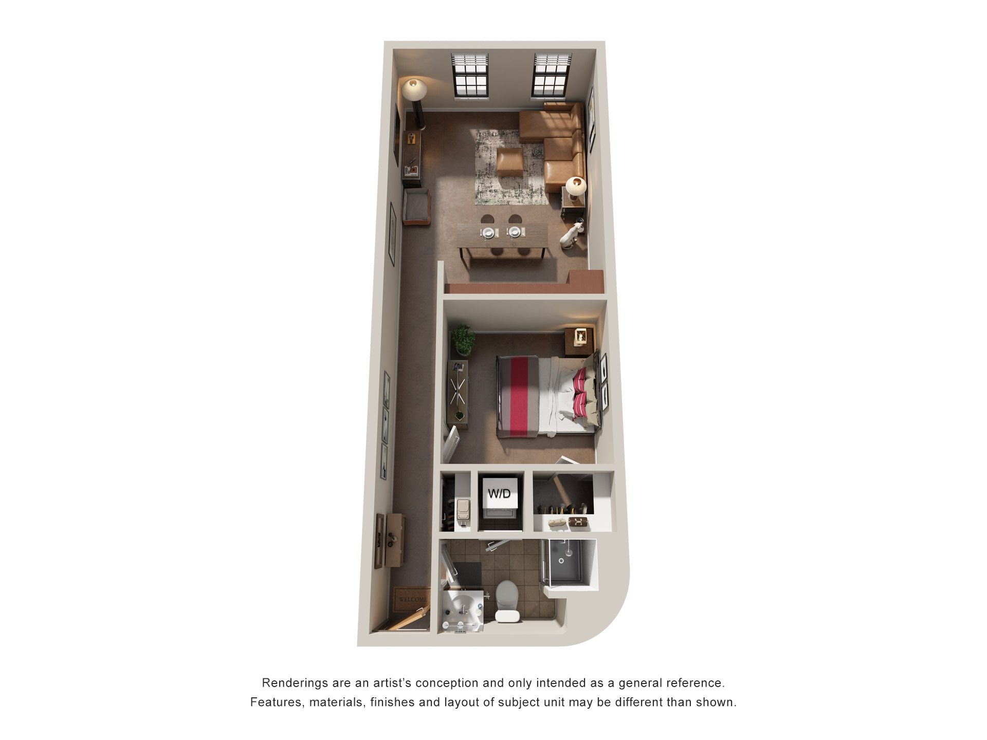 Floor plan for 1 bed, 1 bath, 658 sqft